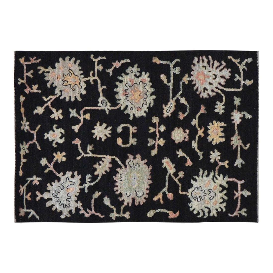 Handcrafted Wool Oushak Area Rug 4'1 x 6'1 Black Turkish Design: Handcrafted Wool Oushak Area Rug 4'1 x 6'1 Black Turkish Design This Turkish Oushak rug is hand-knotted from wool using traditional techniques, blending classic craftsmanship with a contemporary desig