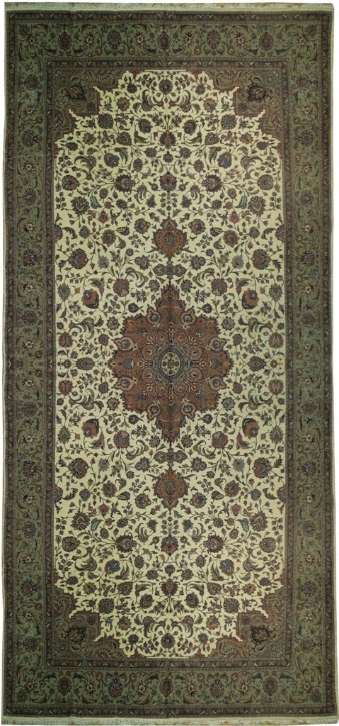 Super Fine Persian Tabriz Rug 9'5 x 20'2 Handcrafted Silk-Like Pile: Super Fine Persian Tabriz Rug 9'5 x 20'2 Handcrafted Silk-Like Pile Free continental US Shipping Enhance your living space with this exquisite handcrafted Ivory Persian Tabriz Rug. Measuring 9' 5" x 2