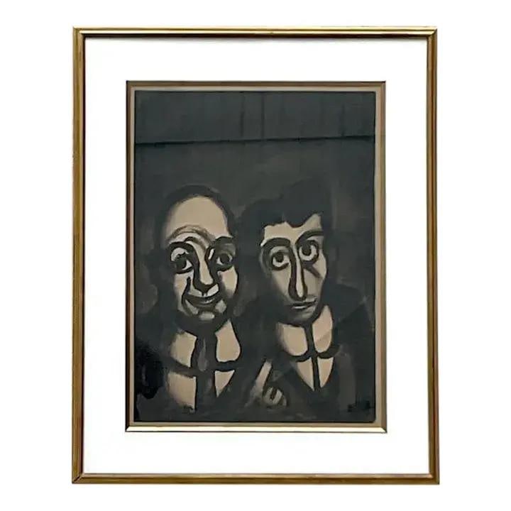 Signed Abstract Art Lithograph Depicting Two Men in Boho Style: Signed Abstract Art Lithograph Depicting Two Men in Boho Style This vintage boho signed abstract lithograph depicts two men in a bold, expressive style. The monochromatic palette of black, grey, and w