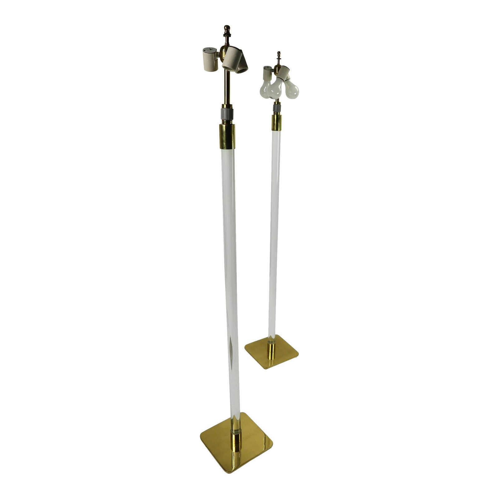 Elegant Hansen Glass Brass Floor Lamps Pair 57.5" Tall: Elegant Hansen Glass Brass Floor Lamps Pair 57.5" Tall Enhance your living space with this chic and sophisticated pair of pole lamps by Hansen. Each lamp features a solid glass rod vertical pole compl