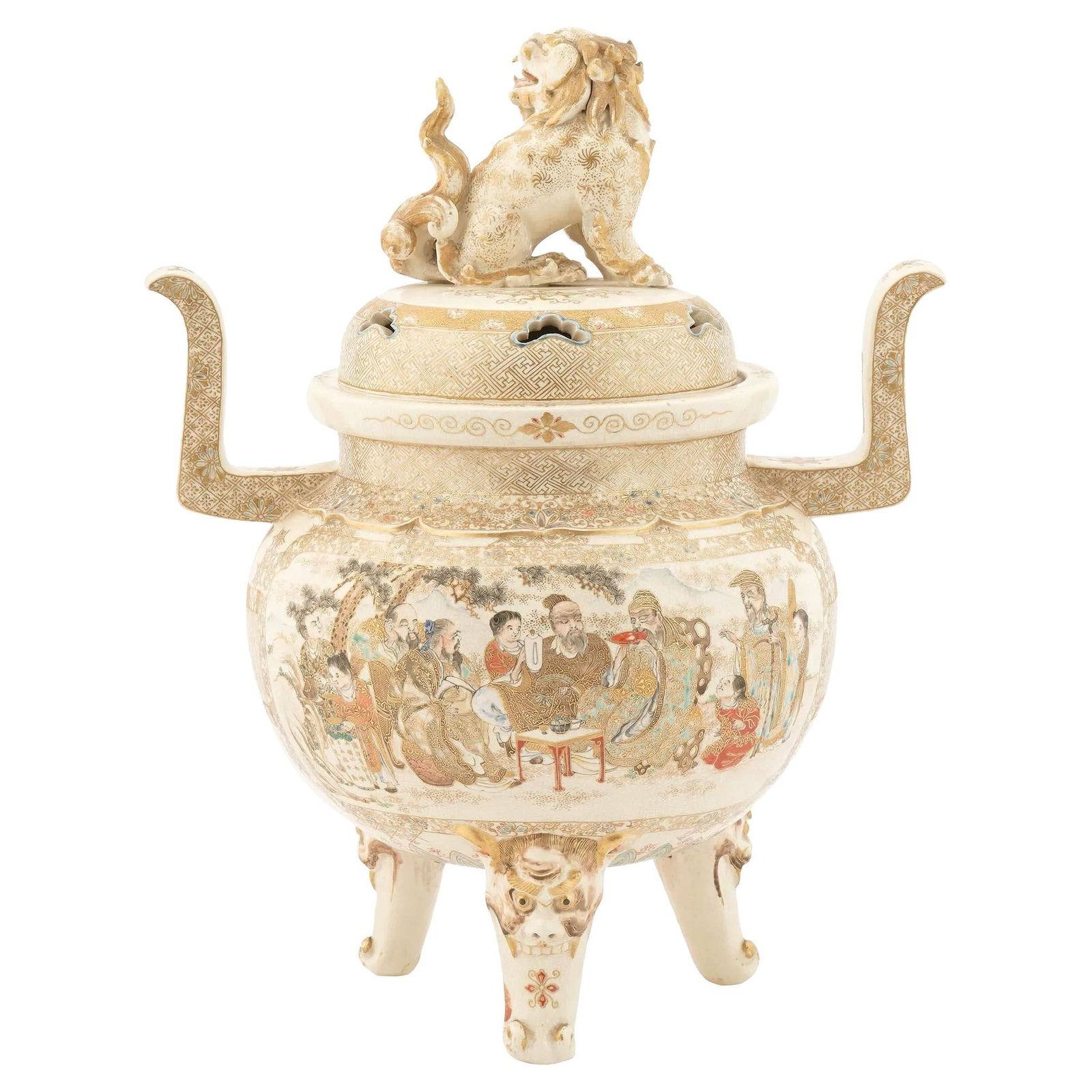 Meiji Era Satsuma Ceramic Incense Burner with Foo Dog Finial: Meiji Era Satsuma Ceramic Incense Burner with Foo Dog Finial This is a finely crafted Japanese Satsuma tripod censer from the Meiji period, featuring a detailed foo dog finial and exceptional painting