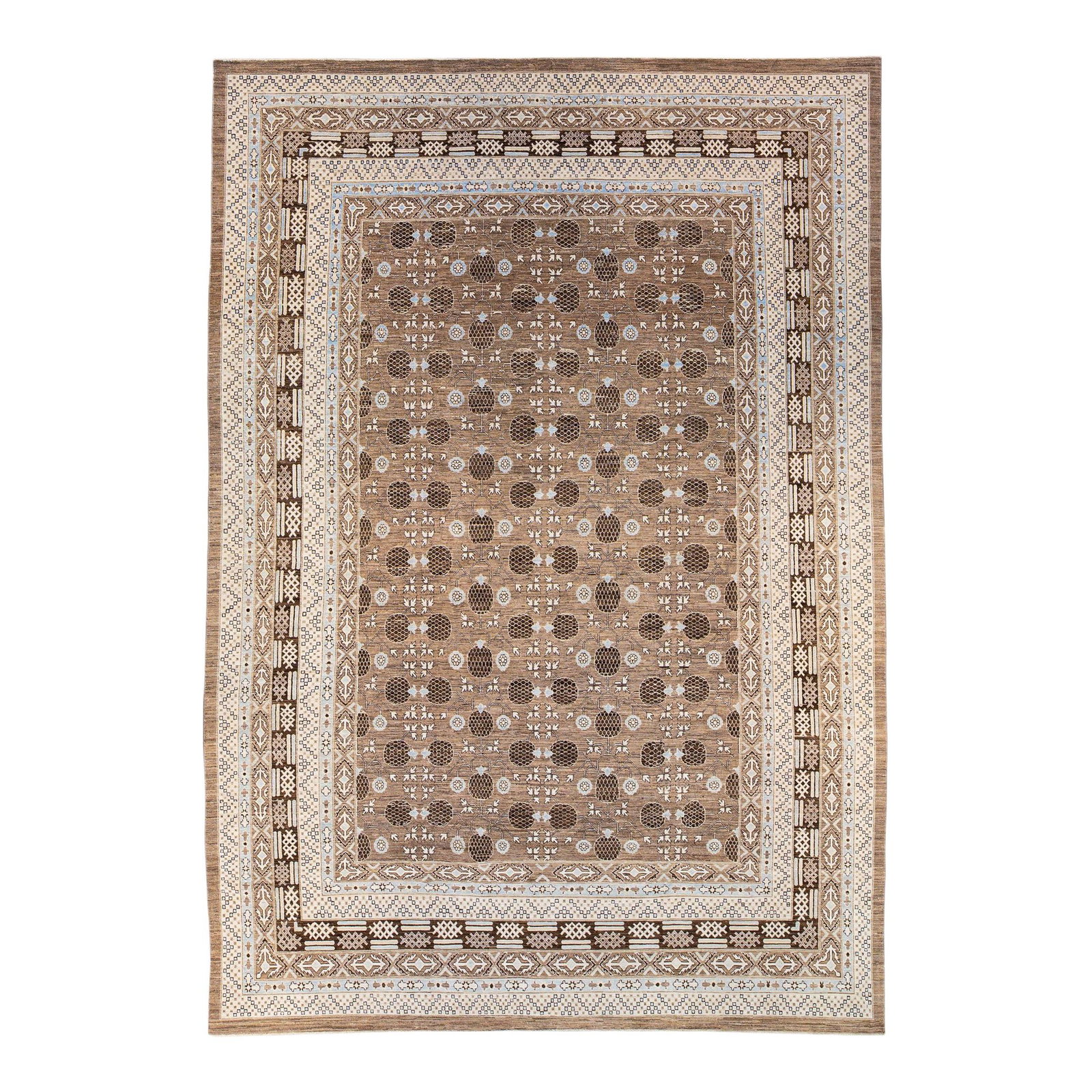 Handmade Modern Khotan Style Wool Area Rug 12'3 x 17': Handmade Modern Khotan Style Wool Area Rug 12'3 x 17' Discover the elegance of this modern oversize Khotan style rug, meticulously handmade in Pakistan. Featuring a rich brown field, this rug is desig