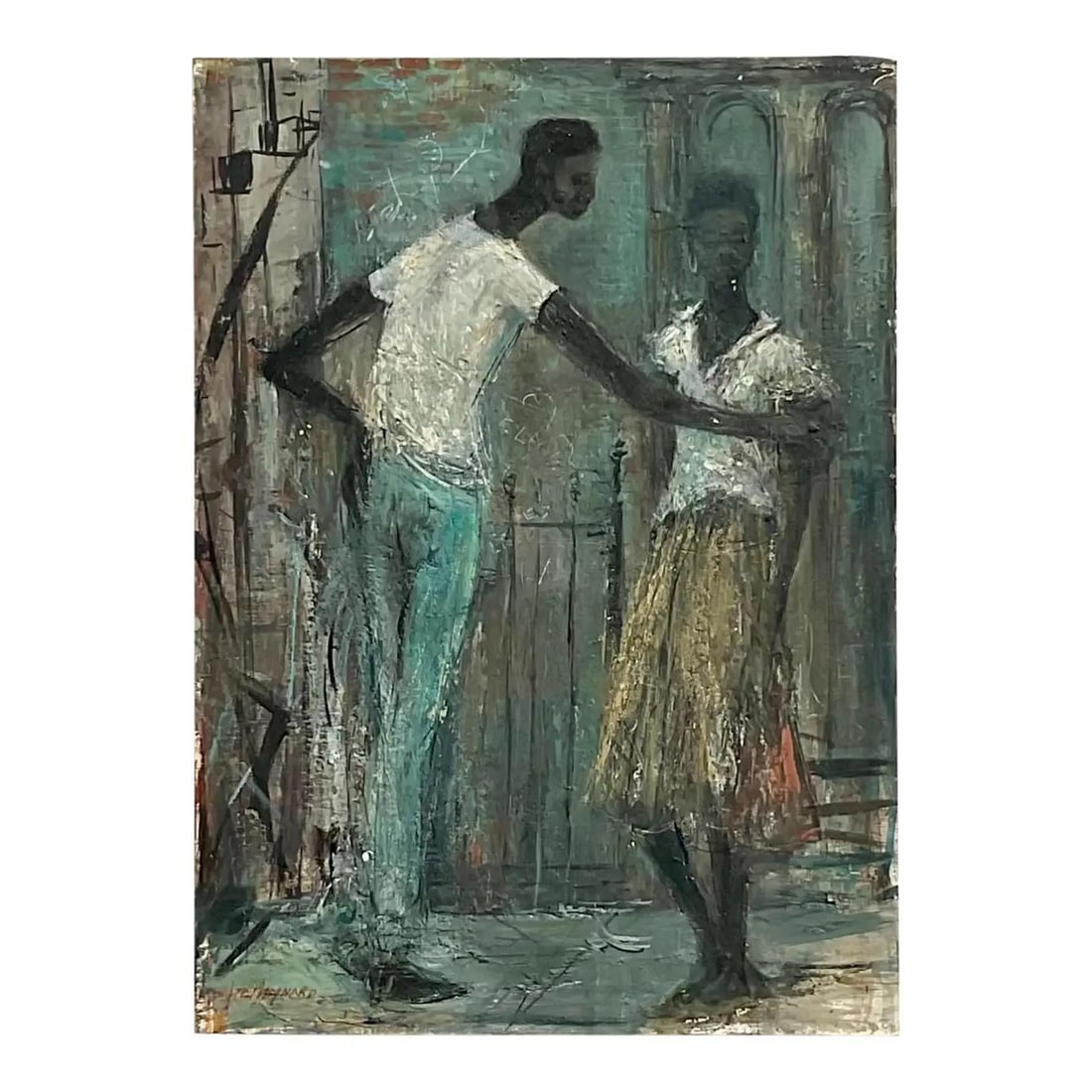 Abstract Figural Oil Painting with Bohemian Style on Canvas: Abstract Figural Oil Painting with Bohemian Style on Canvas This vintage Boho abstract figural oil painting on canvas features two figures depicted with textured brushstrokes and muted, earthy tones. 