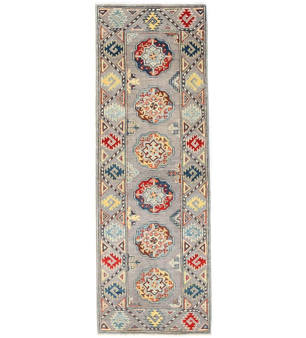 Hand-Knotted Wool Kazak Runner Rug in Gray Geometric Pattern 2'1 x 5'9: Hand-Knotted Wool Kazak Runner Rug in Gray Geometric Pattern 2'1 x 5'9 This hand-knotted Kazak runner rug features a modern geometric pattern in shades of gray, navy, cream, red, beige, and coral. Cra