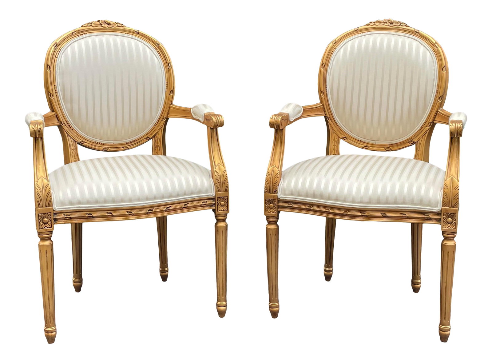 Elegant Pair of Gold Louis XVI Side Chairs by Andre Originals: Elegant Pair of Gold Louis XVI Side Chairs by Andre Originals This elegant pair of vintage Louis XVI side chairs by Andre Originals features a stunning gold finish, perfect for adding a touch of sophi
