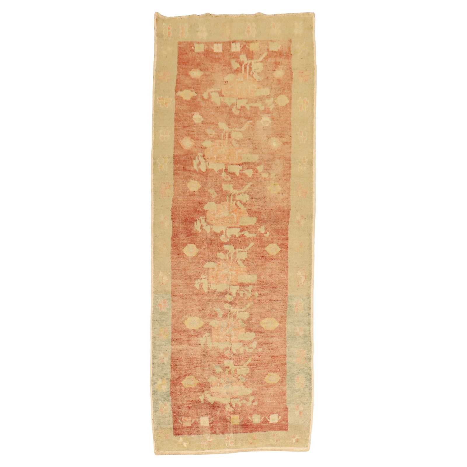 Mid-Century Modern Turkish Floral Wool Runner 3' x 7'6" Hand-Woven: Mid-Century Modern Turkish Floral Wool Runner 3' x 7'6" Hand-Woven Discover the elegance of this vintage Turkish floral runner, a stunning piece that embodies the essence of Mid-Century Modern design.