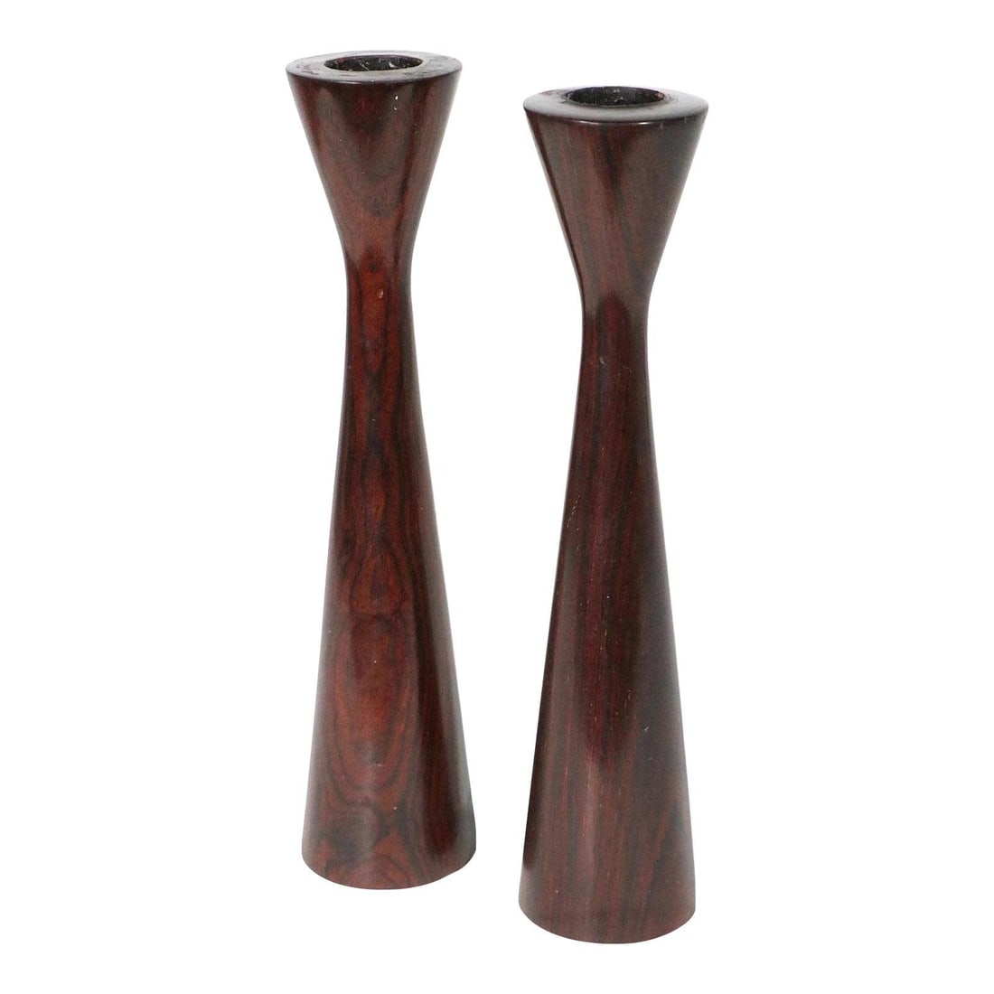 Pair of Mid Century Danish Modern Rosewood Candlesticks 8 inches: Pair of Mid Century Danish Modern Rosewood Candlesticks 8 inches This exquisite pair of Mid Century Danish Modern candlesticks is crafted from solid turned rosewood, dating back to the 1950s and 1960s