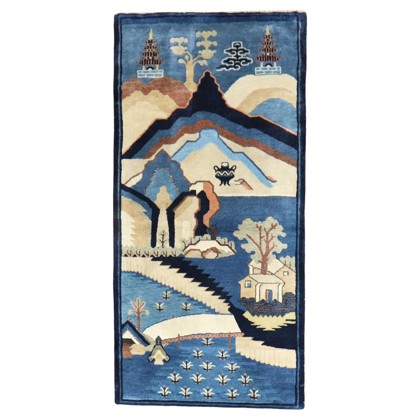 Antique Blue Chinese Folk Art Hand-Woven Pictorial Rug 32 x 60: Antique Blue Chinese Folk Art Hand-Woven Pictorial Rug 32 x 60 This antique blue Chinese pictorial throw rug showcases exquisite folk art craftsmanship from the early 20th century. Hand-woven from hig