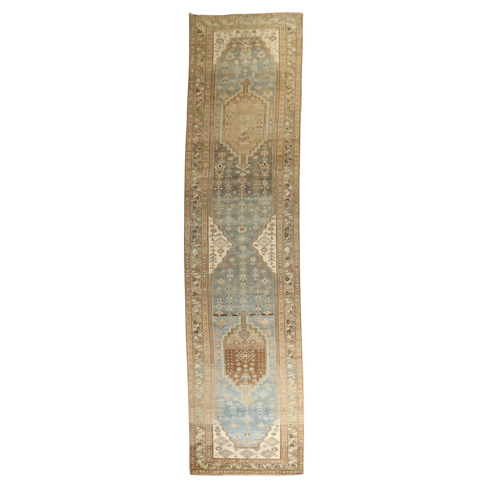 Early 20th Century Persian Malayer Hand-Knotted Wool Runner Rug 3'9 x 16'6: Early 20th Century Persian Malayer Hand-Knotted Wool Runner Rug 3'9 x 16'6 This early 20th-century Persian Malayer runner features a rustic design in light blue and brown tones. Expertly hand-knotted 