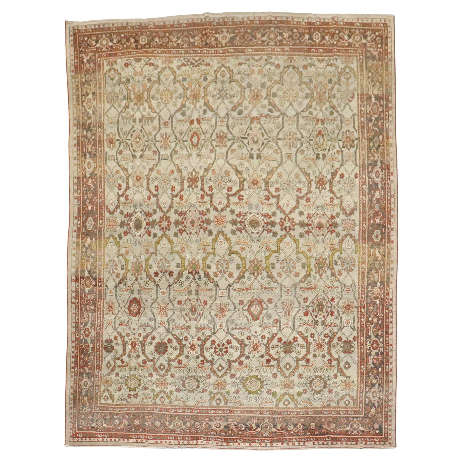 Ivory Antique Persian Mahal Rug 8'6 x 11'4 Early 20th Century Hand-Knotted: Ivory Antique Persian Mahal Rug 8'6 x 11'4 Early 20th Century Hand-Knotted This stunning early 20th-century Persian Mahal rug features a beautiful ivory field, characteristic of the Agra style. Hand-k