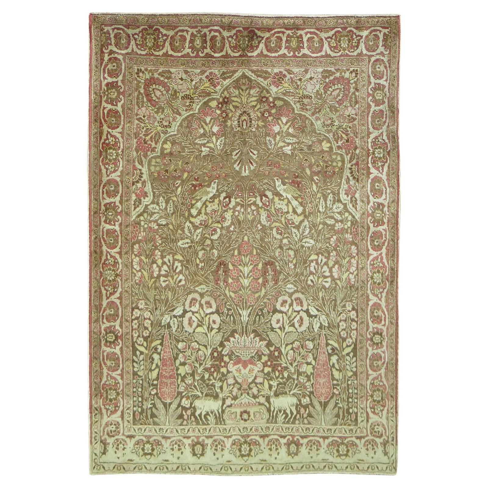Early 20th Century Persian Tabriz Pictorial Wool Prayer Rug 55 x 74 in: Early 20th Century Persian Tabriz Pictorial Wool Prayer Rug 55 x 74 in This early 20th century Persian Tabriz pictorial prayer rug features a unique animal design in green and pink tones. Hand-knotted