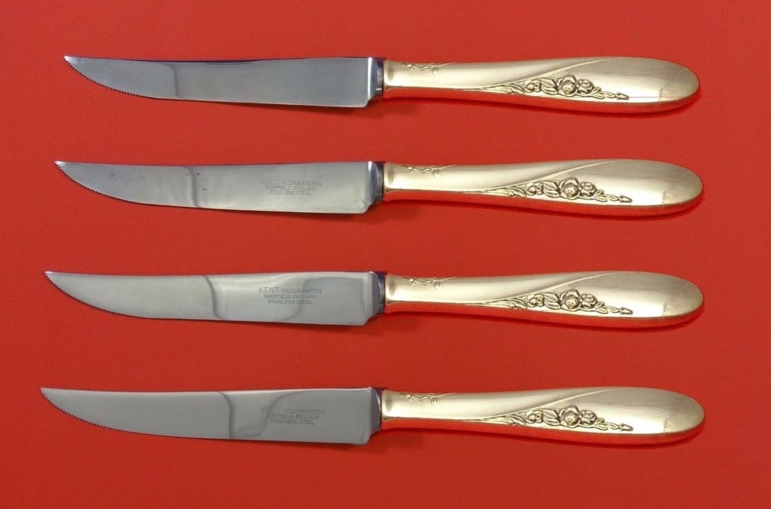 Easterling Rose Spray Sterling Silver Steak Knife Set 4pc Custom 8 1/2 Inch: Easterling Rose Spray Sterling Silver Steak Knife Set 4pc Custom 8 1/2 Inch Enhance your dining experience with this exquisite 4-piece steak knife set from Easterling, crafted in a beautiful Rose Spra