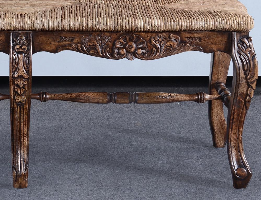 Rustic Pecan Antique Style French Country Bench with Rattan Rush Seat: Rustic Pecan Antique Style French Country Bench with Rattan Rush Seat This charming Antique Style Wooden French Country Bench features a beautifully crafted rush seat, ideal for adding a rustic touch 