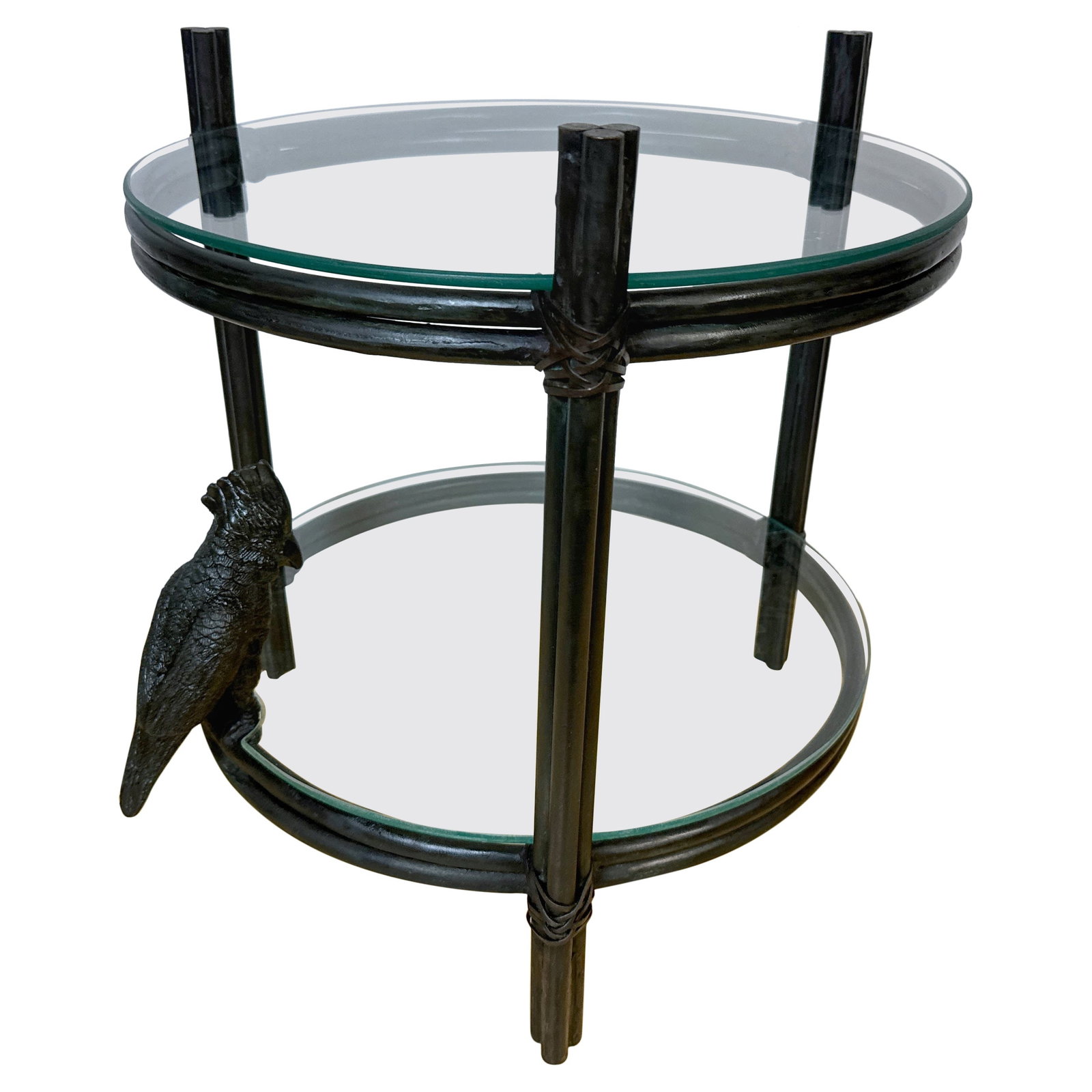 Exotic Modern Two-Tier Bronze Glass Table with Parrot Sculpture: Exotic Modern Two-Tier Bronze Glass Table with Parrot Sculpture This Exotic Modern Bronze & Glass Two-Tier Drinks/Side Table is a captivating fusion of elegance and whimsy from the late 20th century. 
