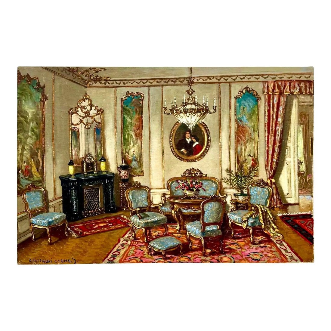 Opulent Salon Scene Oil on Canvas in Baroque Style 36 x 24: Opulent Salon Scene Oil on Canvas in Baroque Style 36 x 24 This vintage Baroque oil painting depicts an opulent salon filled with ornate furniture, gilded moldings, and elegant chandeliers. The compos