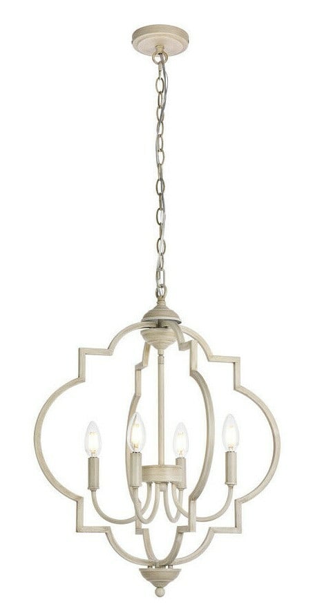 Sandara 4-Light Modern Weathered Dove Chandelier Pendant for Dining or Foyer: Sandara 4-Light Modern Weathered Dove Chandelier Pendant for Dining or Foyer This pre-owned Sandara 4-light chandelier features a modern, mid-century design with a round, weathered dove finish shade. 