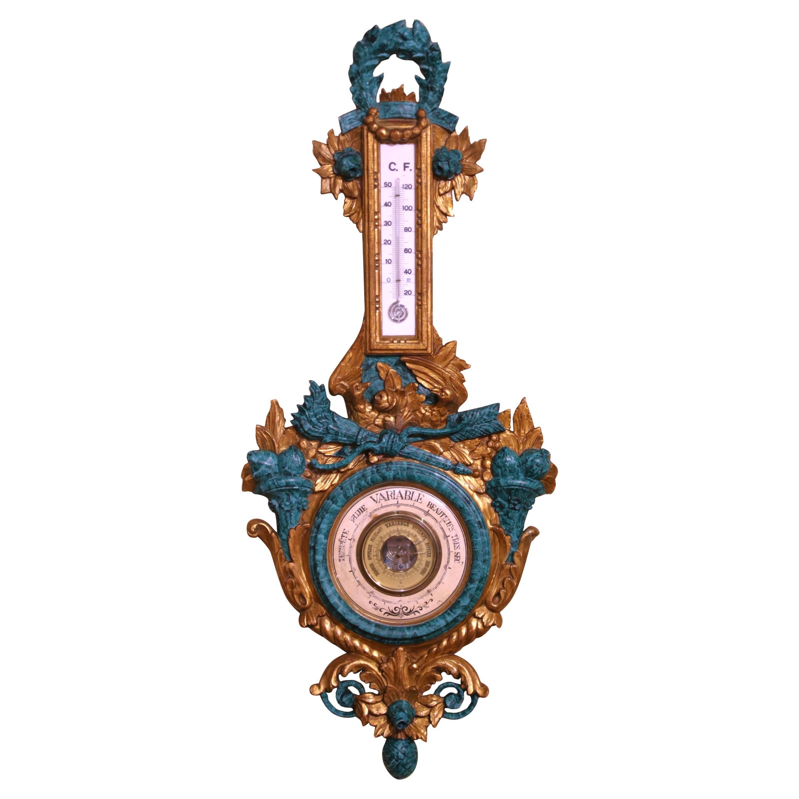 19th Century French Louis XVI Gilt Painted Barometer Thermometer circa 1880: 19th Century French Louis XVI Gilt Painted Barometer Thermometer circa 1880 Enhance your entryway or library with this exquisite 19th Century French Louis XVI barometer and thermometer, crafted circa 