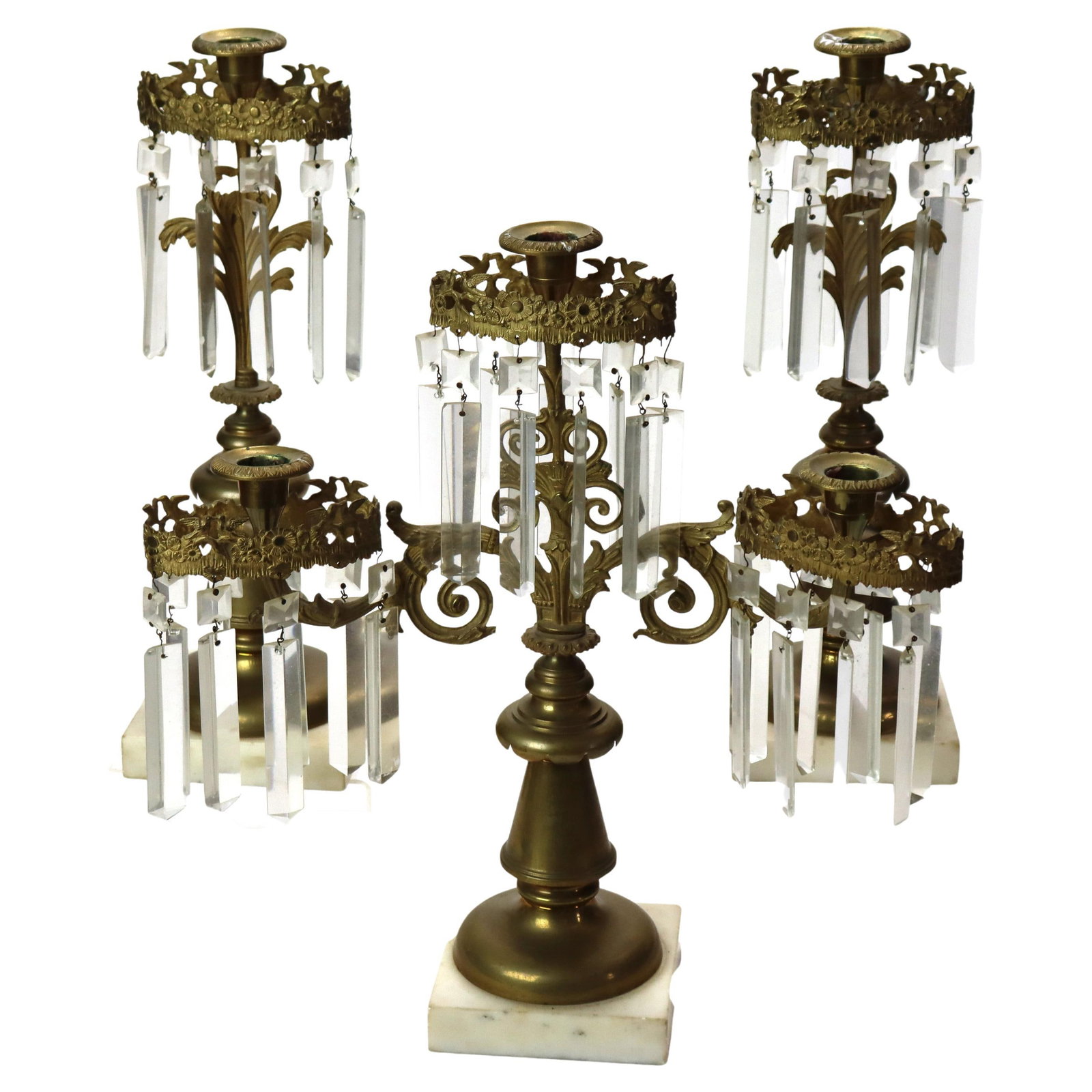 Antique Bronze Crystal Girandole Set of 3 with Marble Base c1900: Antique Bronze Crystal Girandole Set of 3 with Marble Base c1900 Elevate your decor with this exquisite Three Piece Antique Bronze & Crystal Girandole Set, dating back to circa 1900. This stunning set