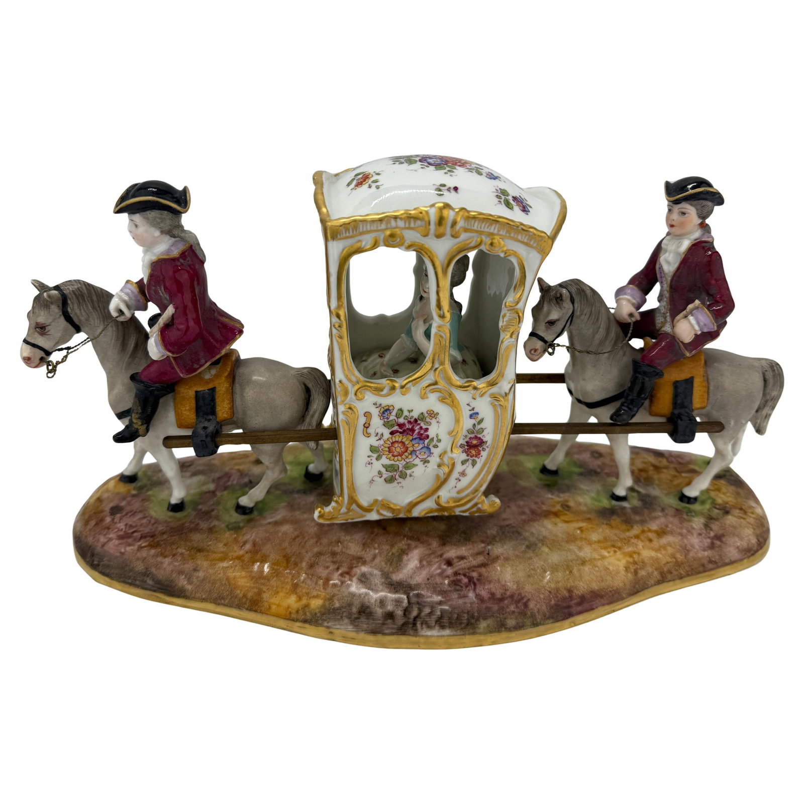 19th Century Rococo Porcelain Horse Drawn Sedan Chair by Samson & Cie: 19th Century Rococo Porcelain Horse Drawn Sedan Chair by Samson & Cie This exquisite 19th-century German porcelain horse-drawn sedan chair and riders figurine, crafted by Samson & Cie, beautifully emb