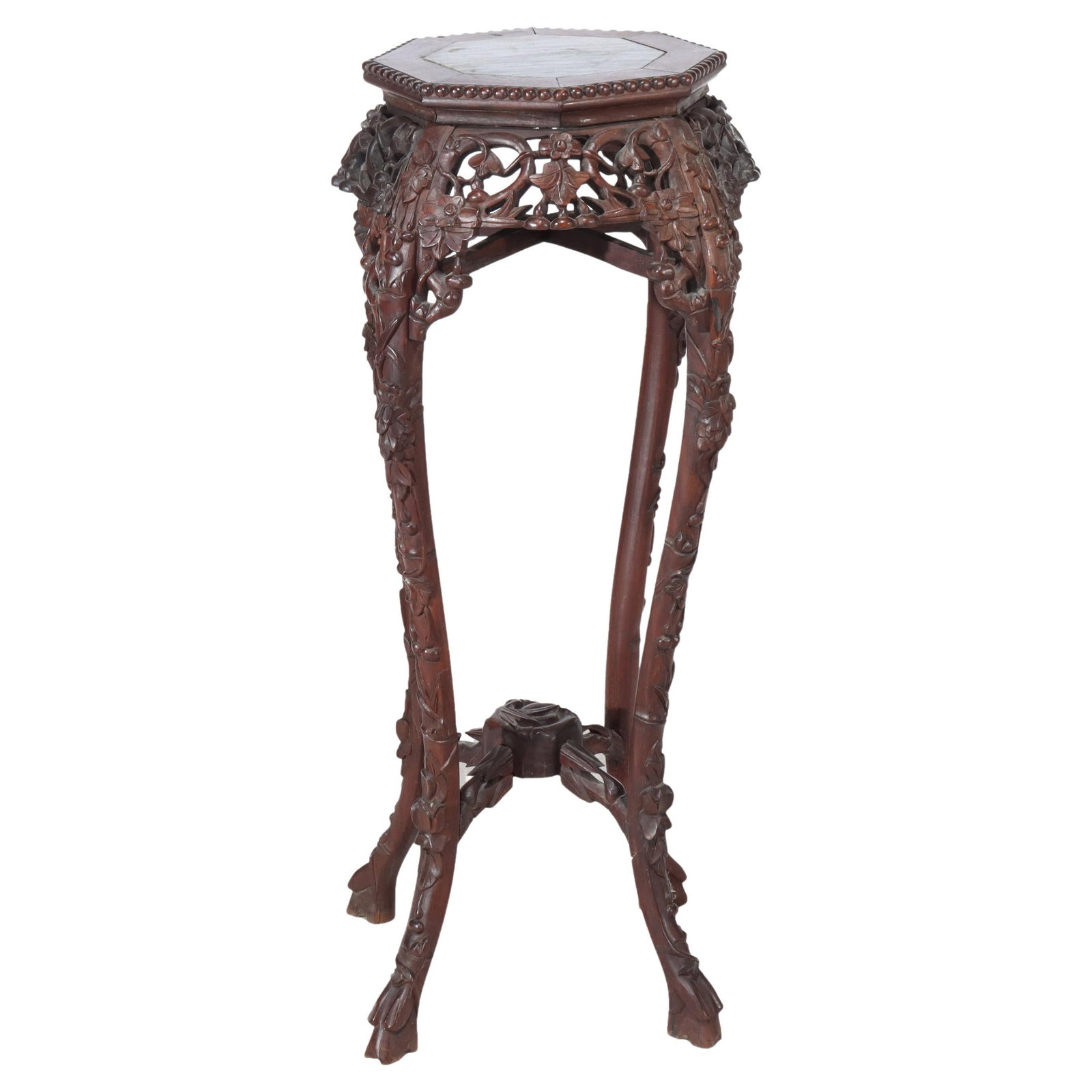 Antique Chinese Floral Carved Hardwood Marble Top Stand C1910: Antique Chinese Floral Carved Hardwood Marble Top Stand C1910 This exquisite antique Chinese stand, crafted circa 1910, showcases intricate floral carvings on a durable hardwood frame. The elegant mar