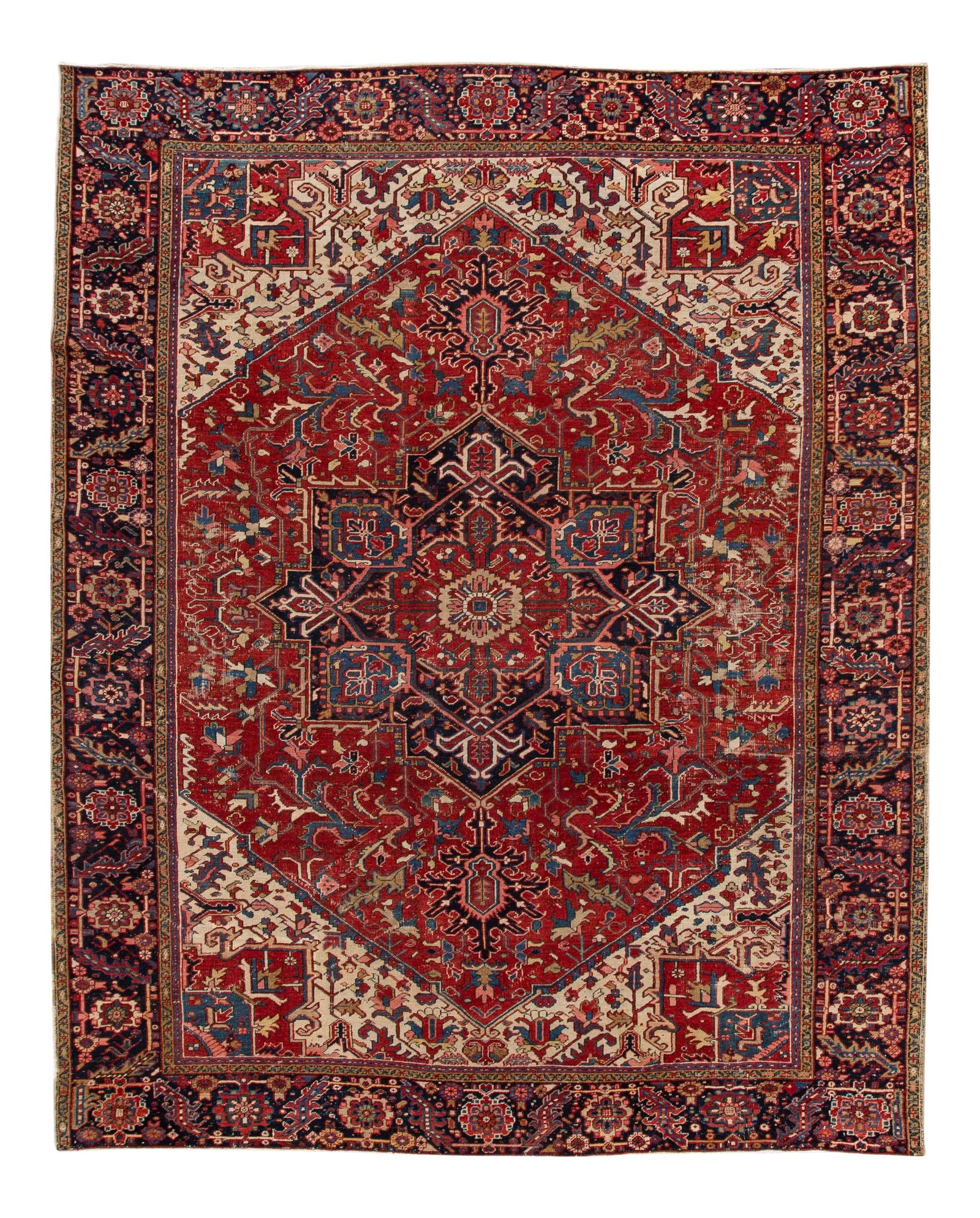 Antique Persian Heriz Wool Rug Red Floral Medallion 9'11" x 11': Antique Persian Heriz Wool Rug Red Floral Medallion 9'11" x 11' This stunning antique Persian Heriz rug features a vibrant red field adorned with an intricate floral medallion design, accented by rich