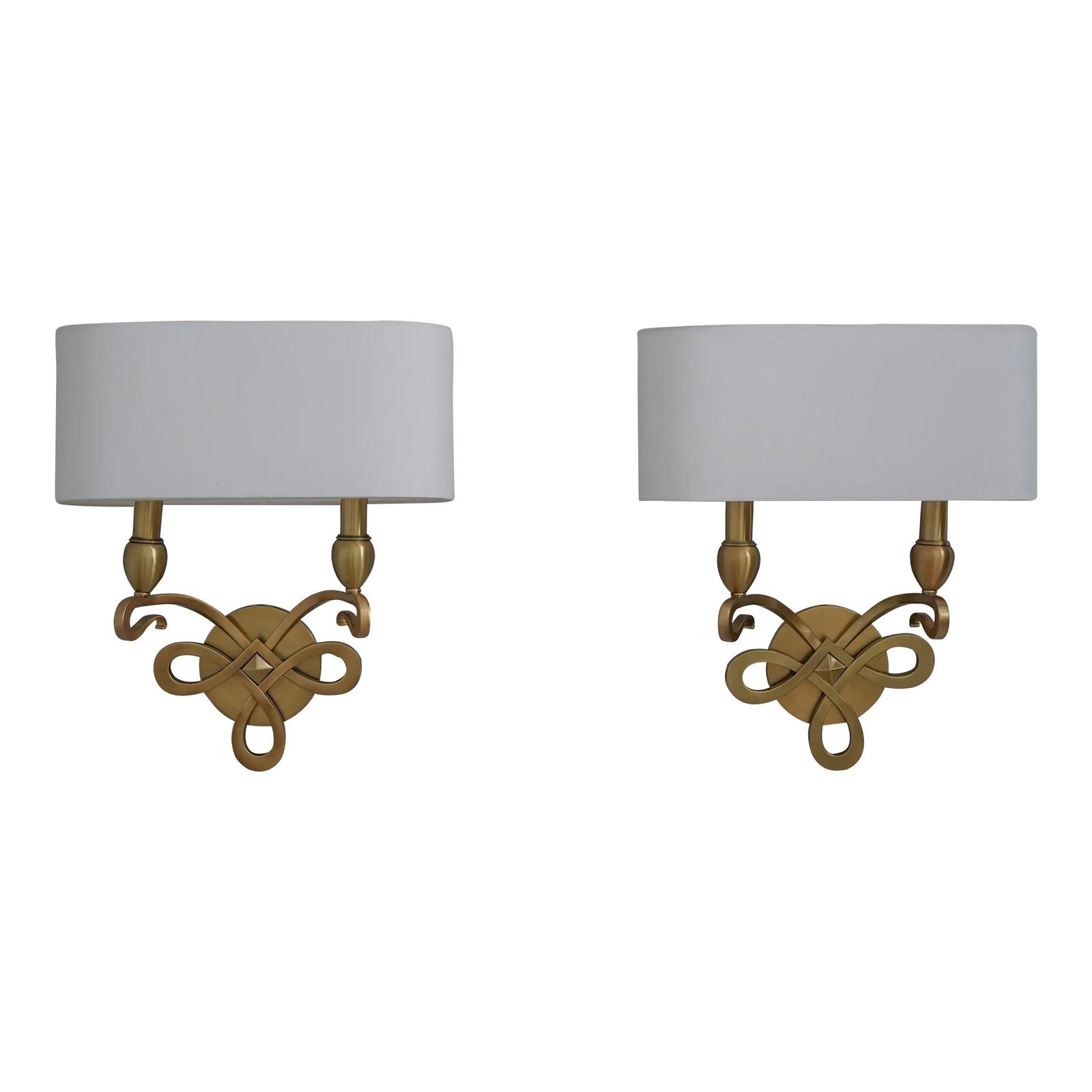 Set of 8 Brass Double Arm Modern Wall Sconces: Set of 8 Brass Double Arm Modern Wall Sconces This set of 8 modern design lighted wall sconces features high-quality construction with heavy solid brass. Each double-arm sconce is designed for easy mo