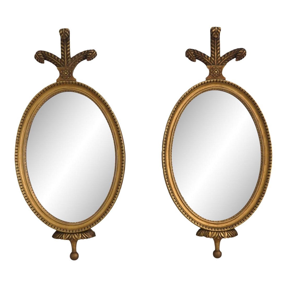 Adams Style Plume Top Gold Gilt Wall Mirrors Pair: Adams Style Plume Top Gold Gilt Wall Mirrors Pair This exquisite pair of Adams style plume top wall mirrors features fine carved details and high-quality construction, making them a remarkable additio