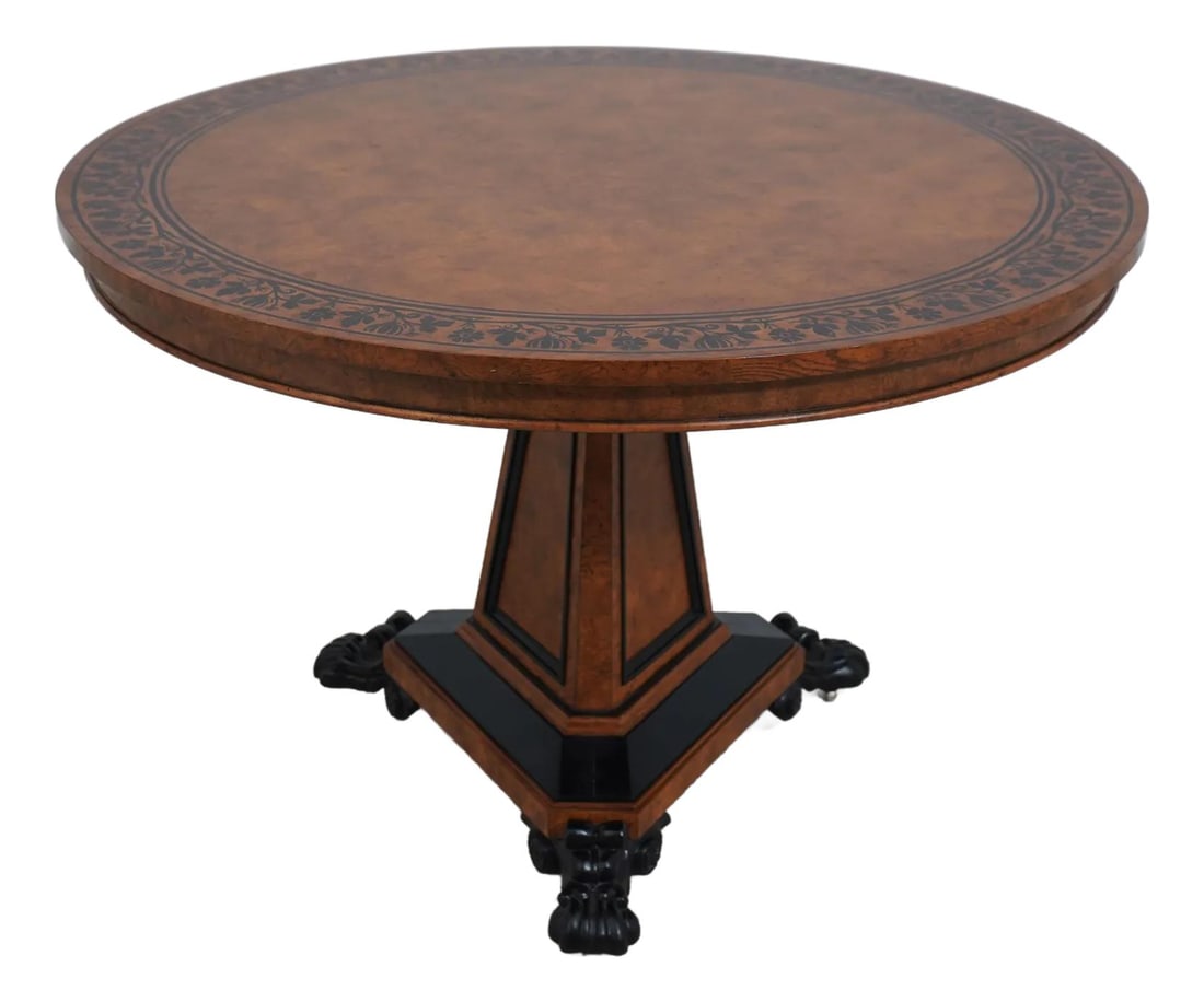 Baker Stately Homes Round Burl Ash Table by George Bullock: Baker Stately Homes Round Burl Ash Table by George Bullock This exquisite round center table from the Baker Stately Homes collection features a beautiful burl ash construction, designed in the English