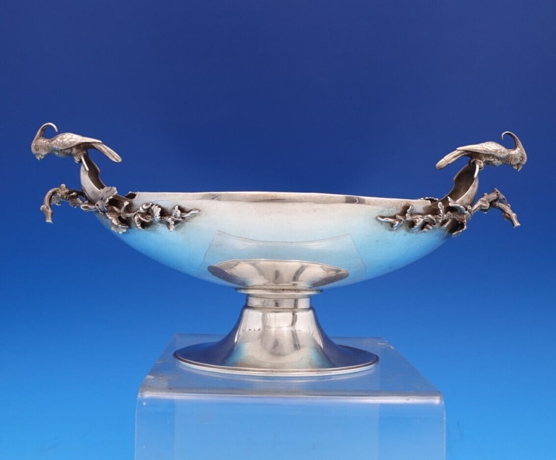 Gorham Sterling Silver Compote 3D Cockatoo Design 1873: Gorham Sterling Silver Compote 3D Cockatoo Design 1873 This stunning Gorham Sterling Silver Compote showcases intricate 3-dimensional cockatoo birds and elegantly designed handles resembling applied b