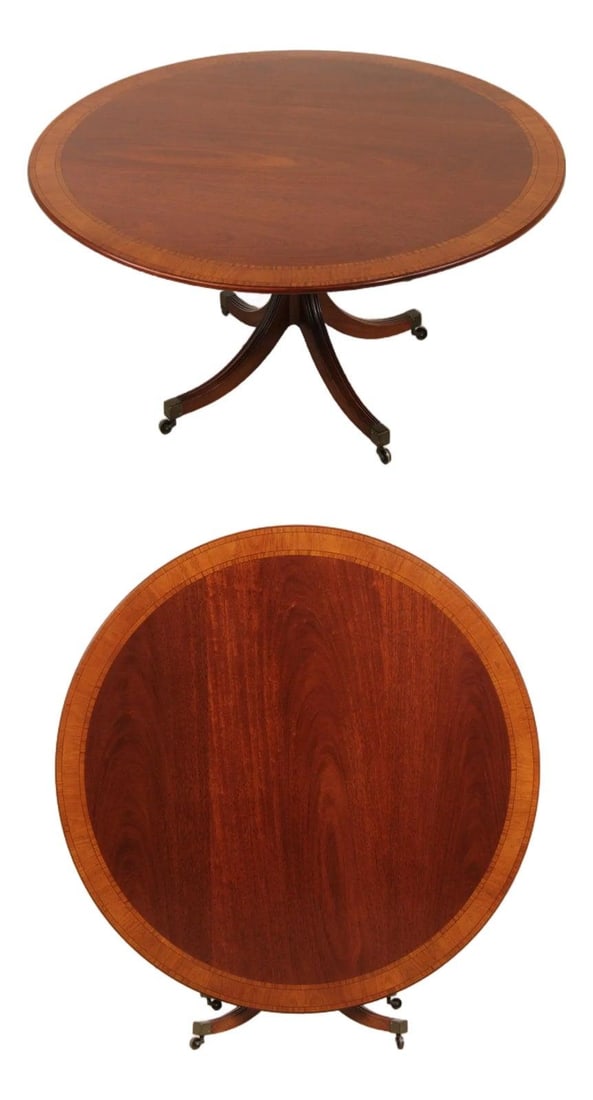 English Mahogany Tilt Top Dining Table by William Tillman 62.5" Round: English Mahogany Tilt Top Dining Table by William Tillman 62.5" Round This English round dining room table by William Tillman features a large tilt top and showcases traditional Duncan Phyfe pedestal 