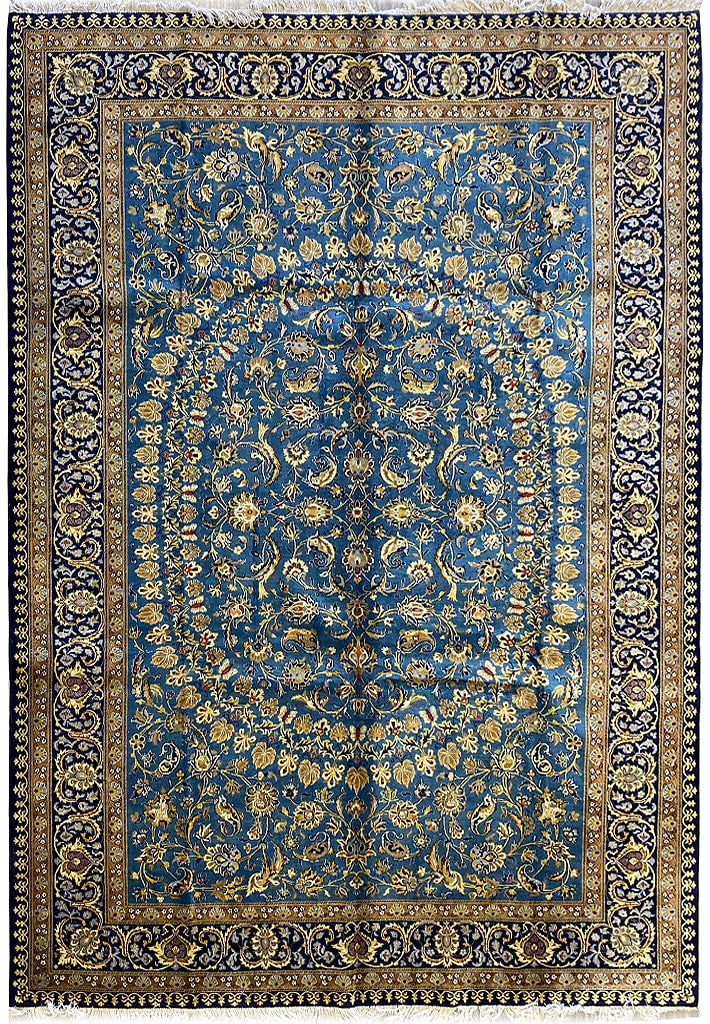 10 x 13.6 Persian Kashan Rug Premium Quality in Blue: 10 x 13.6 Persian Kashan Rug Premium Quality in Blue Free continental US Shipping Enhance your living space with this exquisite quality genuine Persian Kashan rug in a stunning blue hue. Measuring 10.