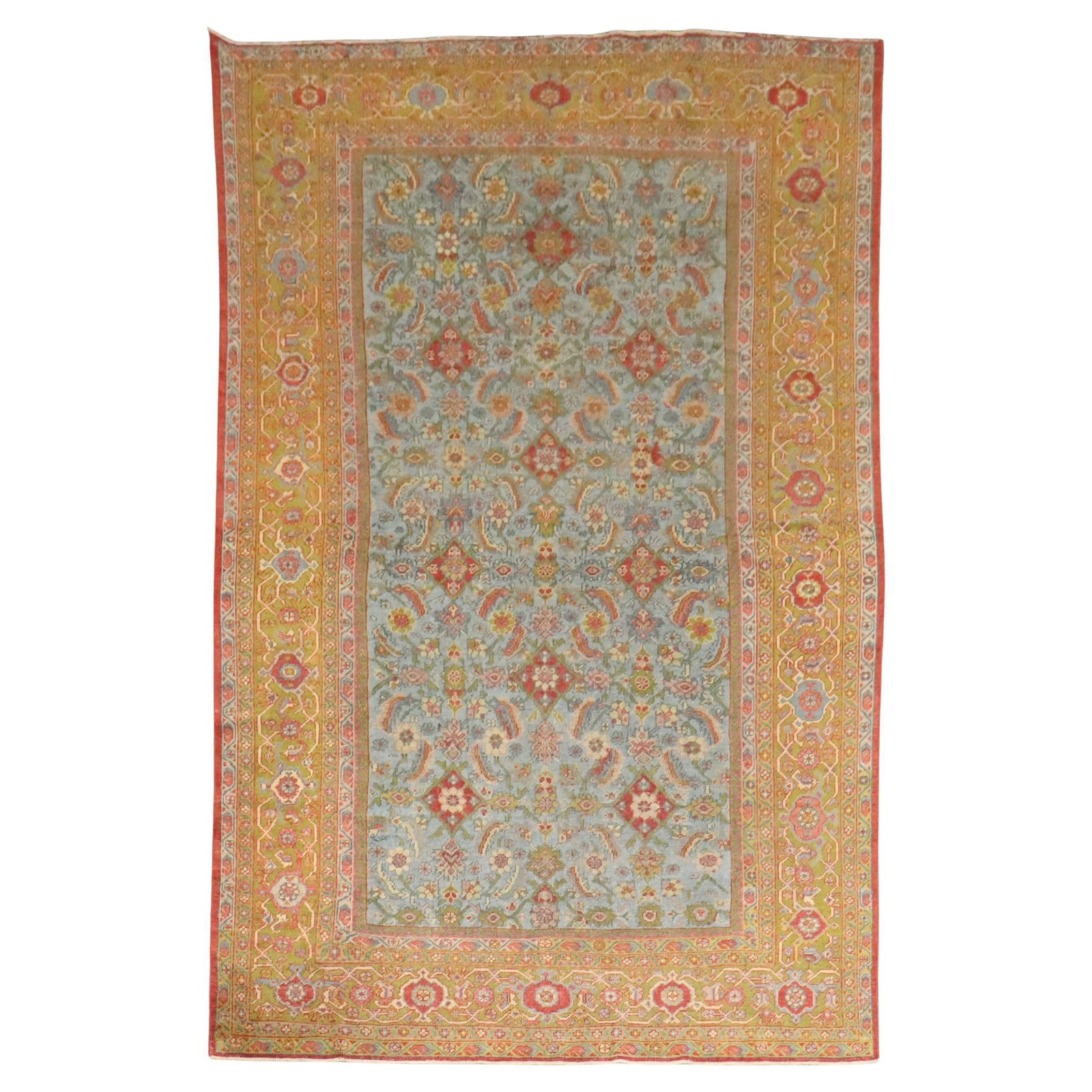 Antique Persian Mahal Rug Hand-Knotted Wool 1910 Sky Blue 92x145: Antique Persian Mahal Rug Hand-Knotted Wool 1910 Sky Blue 92x145 Discover the exquisite beauty of this Antique Persian Mahal Rug, showcasing a stunning sky blue field. This hand-knotted rug, crafted f