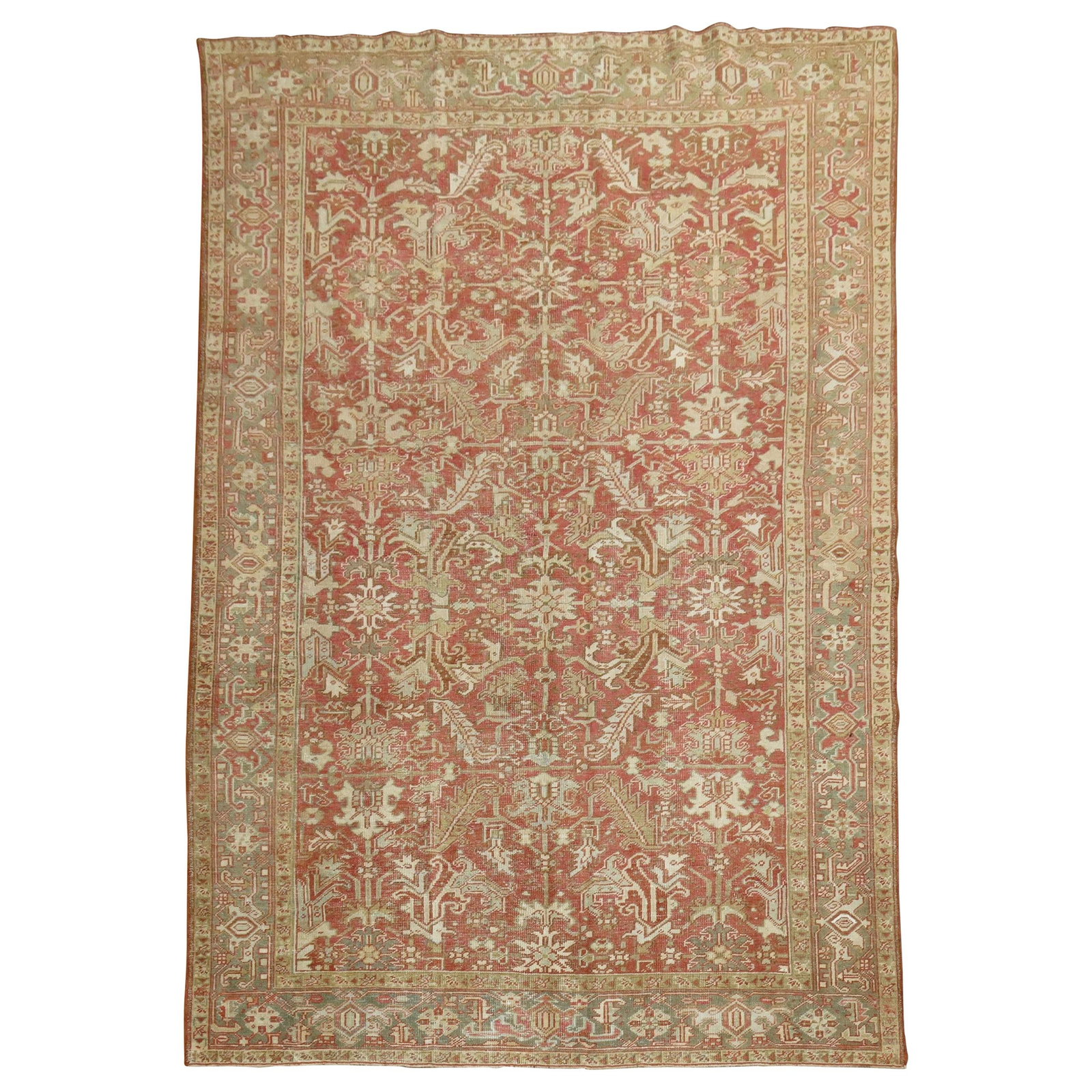 Antique Persian Heriz Room Carpet Soft Red Wool Hand-Woven 20th Century: Antique Persian Heriz Room Carpet Soft Red Wool Hand-Woven 20th Century This exquisite Persian Heriz room carpet showcases a stunning all-over design on a soft muted red field, complemented by accents