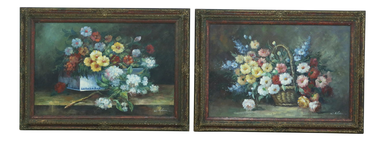 Vibrant Framed Floral Oil Paintings by W.Adam Pair: Vibrant Framed Floral Oil Paintings by W.Adam Pair This stunning pair of framed floral oil paintings on canvas, created by the artist W. Adam, features bright and vibrant colors that will enhance any 