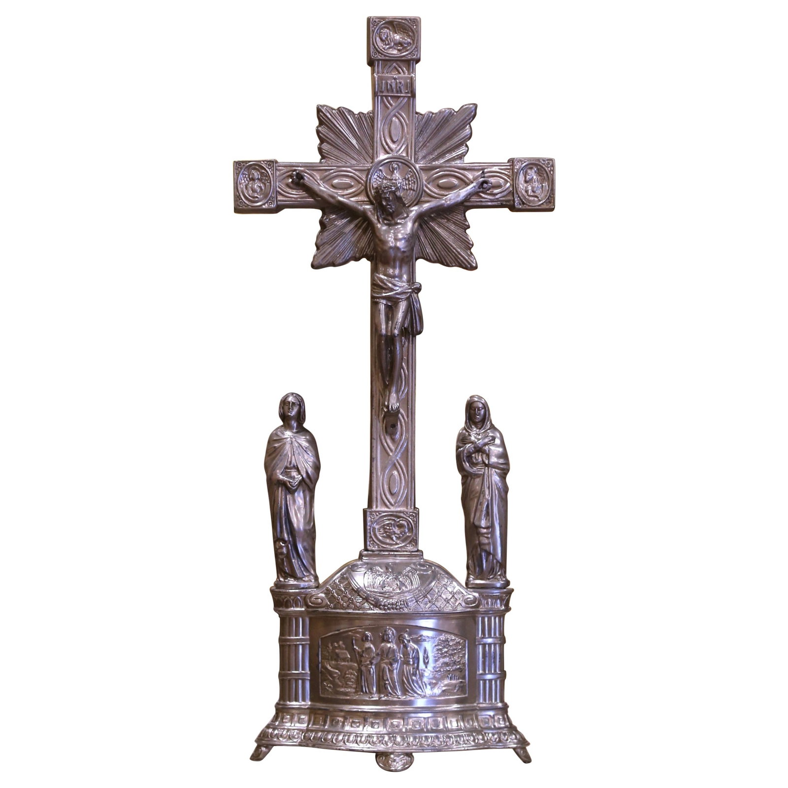 Early 20th Century French Silvered Spelter Crucifix with Removable Figures: Early 20th Century French Silvered Spelter Crucifix with Removable Figures This exquisite early 20th-century French crucifix, crafted around 1920, showcases a silvered spelter construction with intric