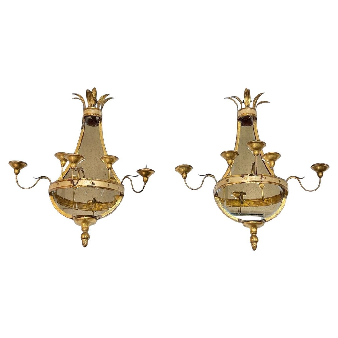 Belle Epoque Italian Mirrored Wall Girandole Sconces Pair Gilt Metal 5-Light: Belle Epoque Italian Mirrored Wall Girandole Sconces Pair Gilt Metal 5-Light This pair of antique Belle Epoque girandole wall sconces features an elegant mirrored design with five candle arms arranged