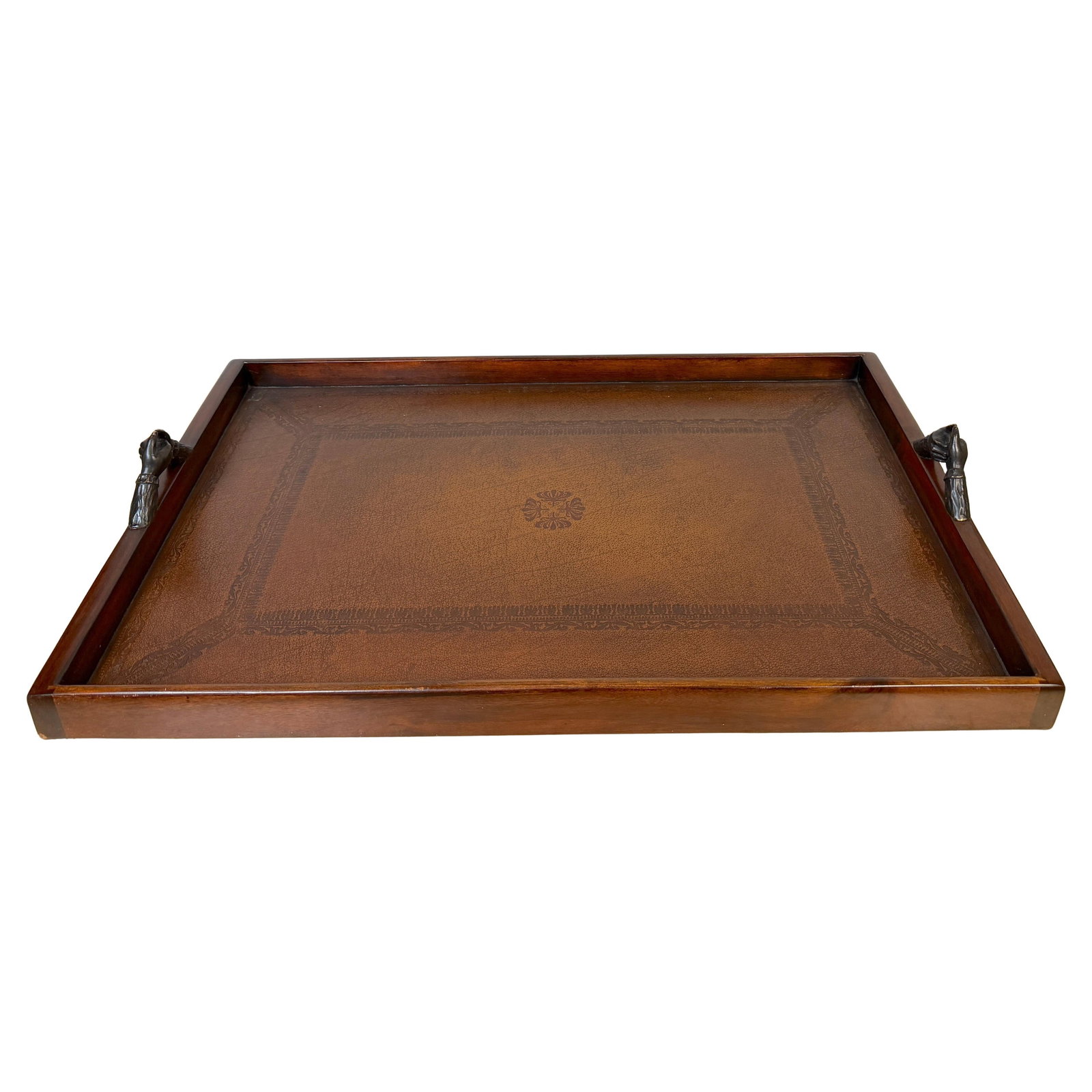 Regency Style Gilt Leather Tray with Bronze Clasped Hand Handles 20th Century: Regency Style Gilt Leather Tray with Bronze Clasped Hand Handles 20th Century This large Regency-style serving tray features a gilt-tooled leather surface framed by a hardwood gallery and is accented 