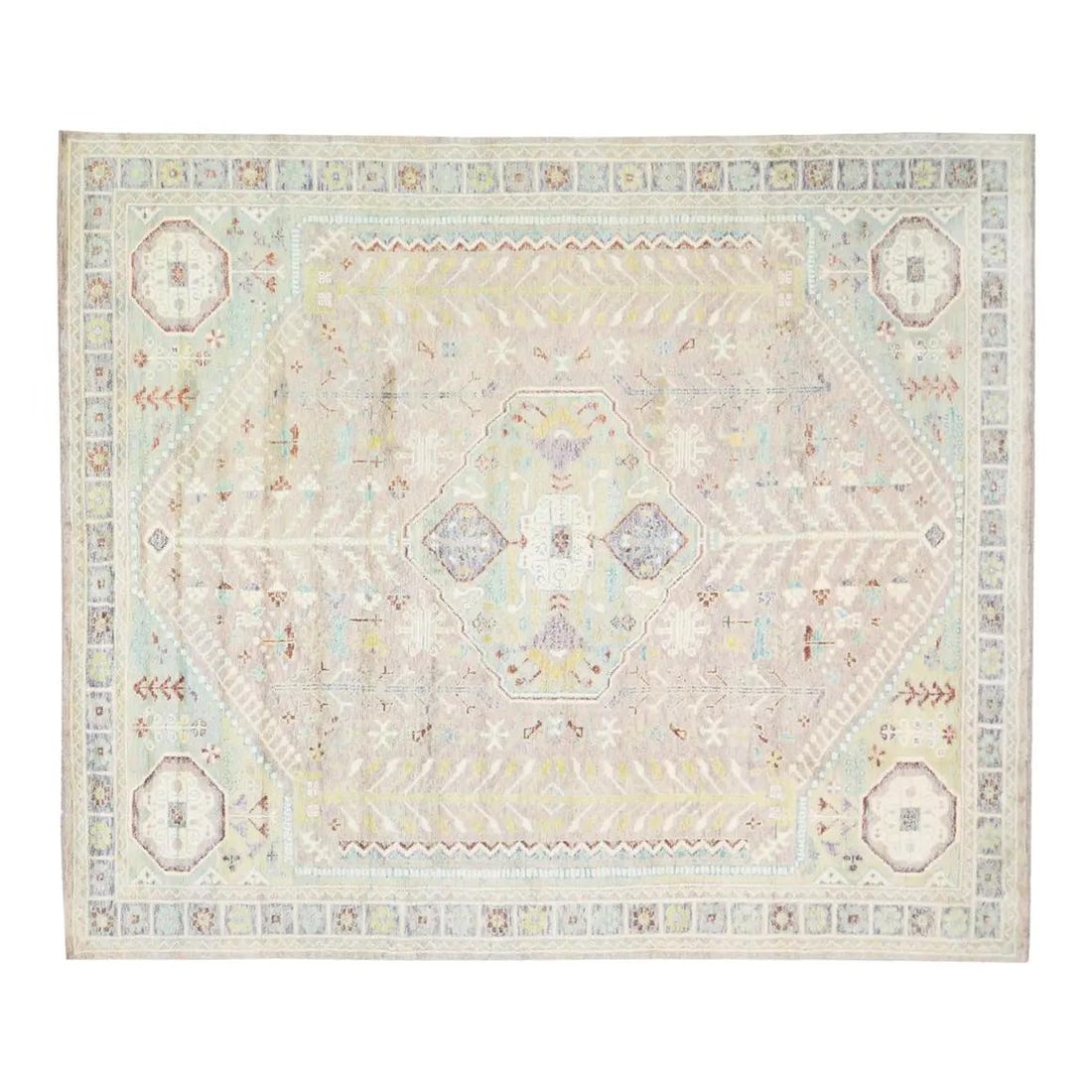 Lavender Wool Oushak Rug Hand Knotted Turkish 8'1 x 10': Lavender Wool Oushak Rug Hand Knotted Turkish 8'1 x 10' This Turkish Oushak hand-knotted rug showcases traditional craftsmanship using quality wool and features a soft lavender color. Its timeless des
