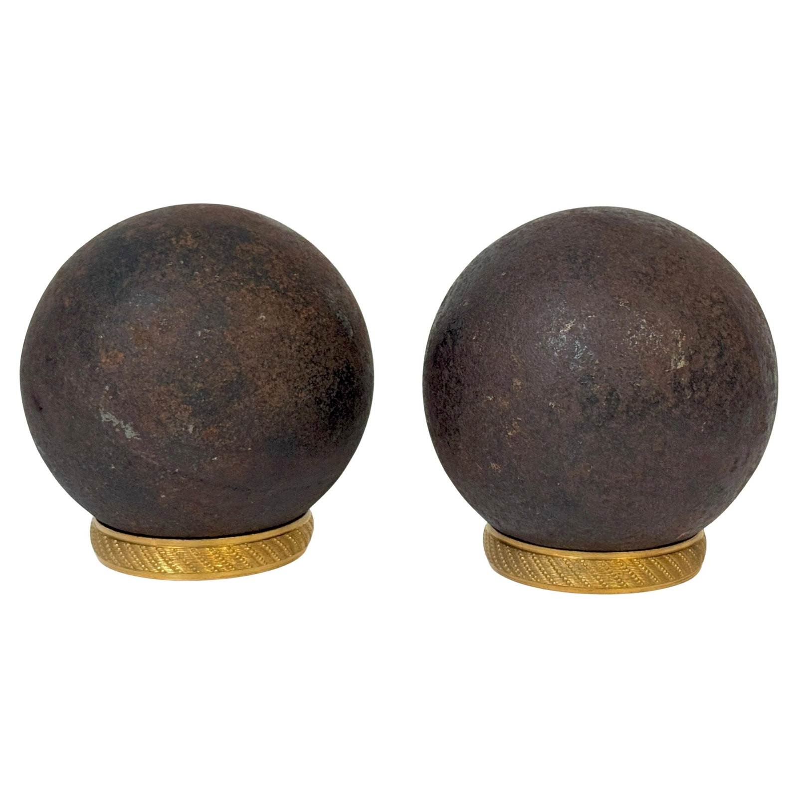 Set of 4 Confederate Civil War Cast Iron Cannonballs with Ormolu Mounts: Set of 4 Confederate Civil War Cast Iron Cannonballs with Ormolu Mounts This striking set features two Confederate Civil War cast iron cannonballs paired with exquisite 19th-century ormolu mounts, off