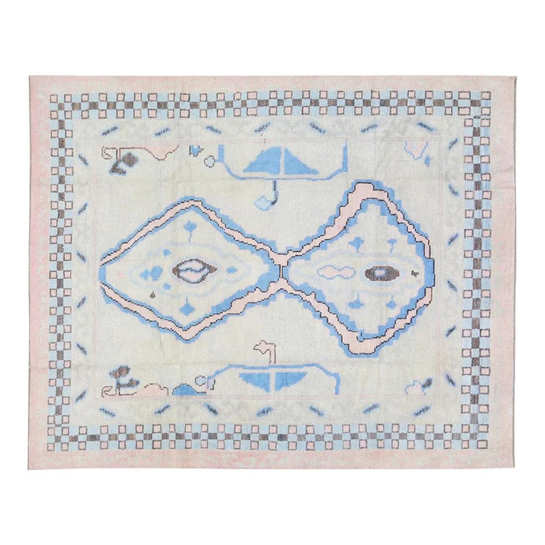 Baby Blue Wool Beni Ourain Hand Knotted Moroccan Area Rug 8' x 10': Baby Blue Wool Beni Ourain Hand Knotted Moroccan Area Rug 8' x 10' This modern Moroccan Beni Ourain rug is hand-knotted from wool and features a soft texture. The rug is presented in a baby blue color