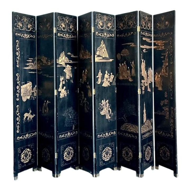 Eight-Panel Black Lacquer Coromandel Room Divider with Bamboo Design: Eight-Panel Black Lacquer Coromandel Room Divider with Bamboo Design This vintage Asian monumental 8-panel Coromandel screen features a striking black lacquer finish and is adorned with a hand-painted