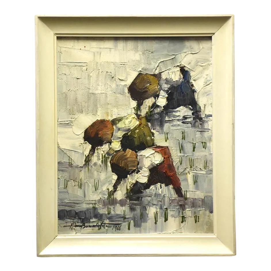 1966 Signed Mid Century Abstract Oil on Canvas Painting Tan: 1966 Signed Mid Century Abstract Oil on Canvas Painting Tan Enhance your space with this captivating Mid Century Abstract Painting. This pre-owned artwork features an oil on canvas composition, showca