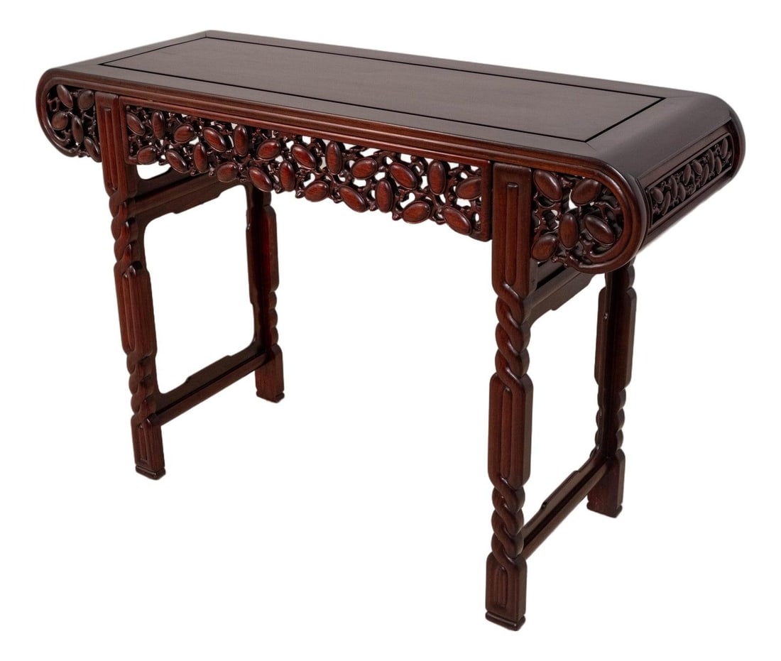 Hand Carved Rosewood Sofa Table with Ornate Chinese Motifs 48w x 17d x 33.5h: Hand Carved Rosewood Sofa Table with Ornate Chinese Motifs 48w x 17d x 33.5h This vintage Chinese sofa table is crafted from rosewood and features fine, ornate carved details in a traditional style. T
