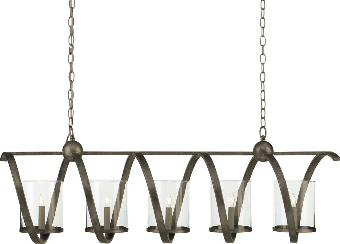 Currey Maximus Rectangular Industrial Chandelier Glass Wrought Iron: Currey Maximus Rectangular Industrial Chandelier Glass Wrought Iron Illuminate your space with the Maximus Rectangular Vintage Style Chandelier, designed to blend industrial charm with modern function