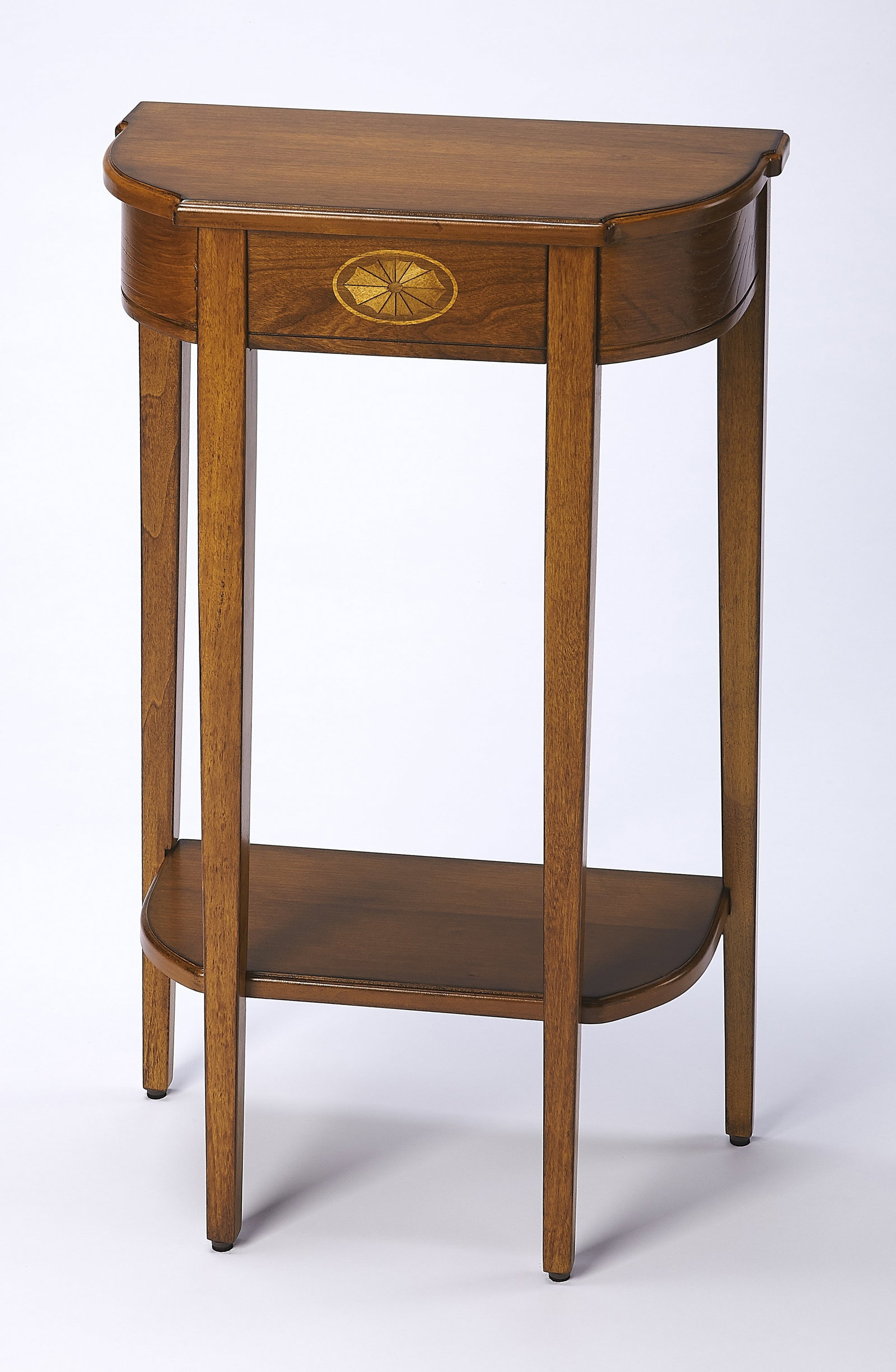 Butler Olive Ash Burl Demilune Console Table in English Traditional Style: Butler Olive Ash Burl Demilune Console Table in English Traditional Style Introducing the Graceful Olive Ash Burl Console Table, a stunning piece that combines elegance with practicality. This demilun
