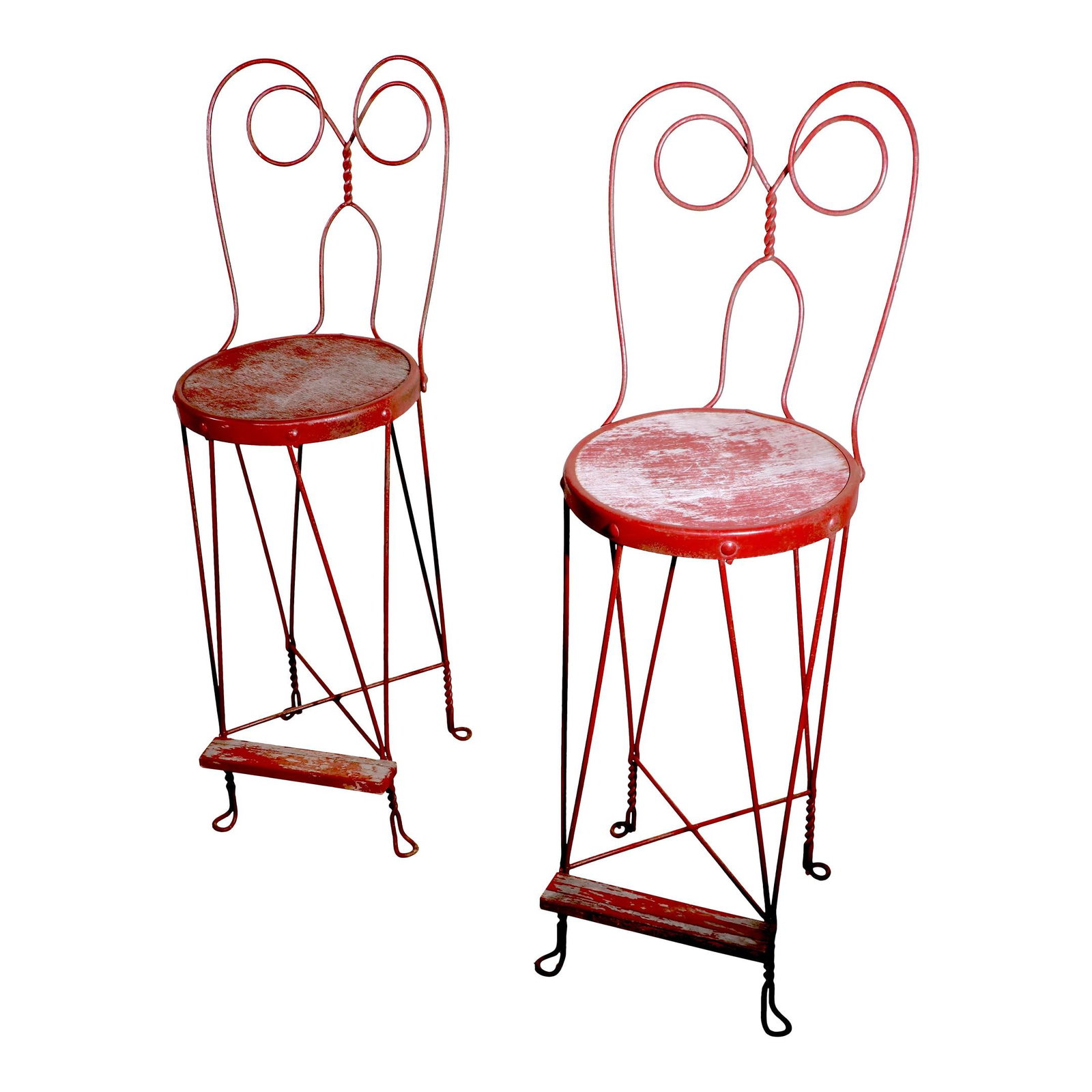 Charming Vintage Red Wrought Iron Ice Cream Parlor Stools Pair: Charming Vintage Red Wrought Iron Ice Cream Parlor Stools Pair This charming pair of vintage wrought iron ice cream parlor bar height stools features a delightful red paint finish. The stools are desi