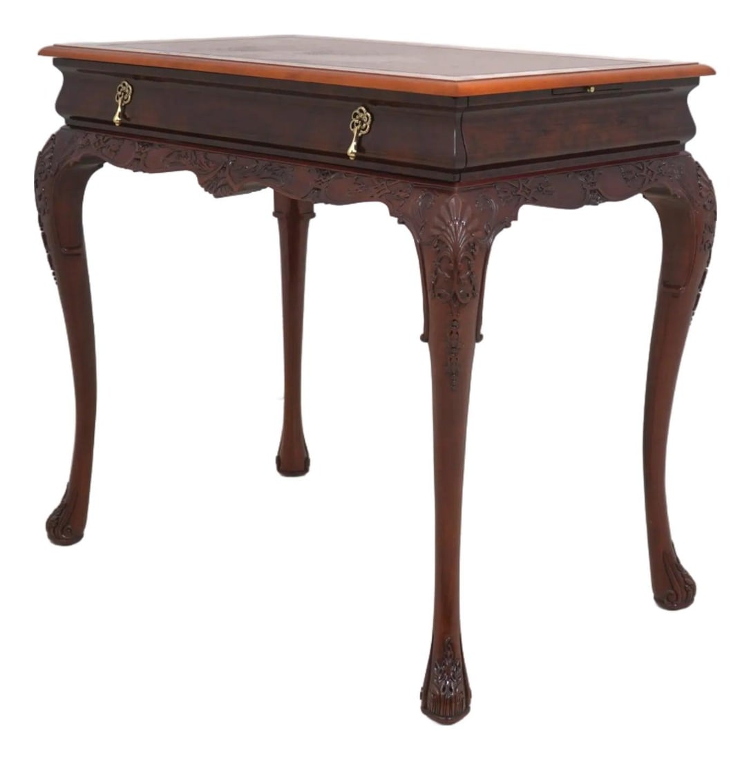 Kindel Varney Mahogany Leather Top Desk with Brass Hardware: Kindel Varney Mahogany Leather Top Desk with Brass Hardware This exquisite Kindel Varney Table or Desk features a beautiful mahogany base paired with a quality leather top, showcasing fine carved deta