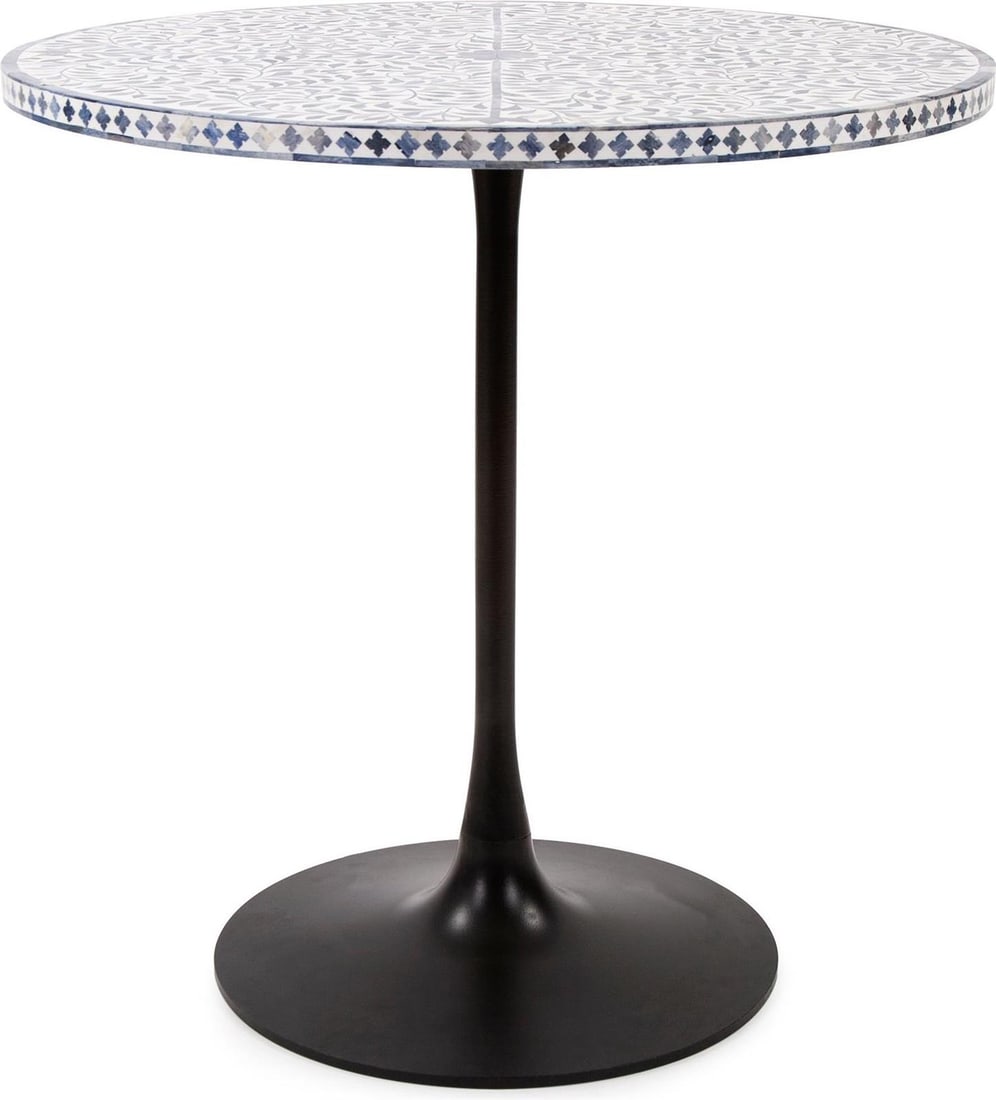 Howard Elliott Chinoiserie Bistro Table Blue Bone Inlay 30": Howard Elliott Chinoiserie Bistro Table Blue Bone Inlay 30" This elegant bistro table showcases a stunning bone inlay art design, enhancing any space with its sophisticated style. Crafted from a blend