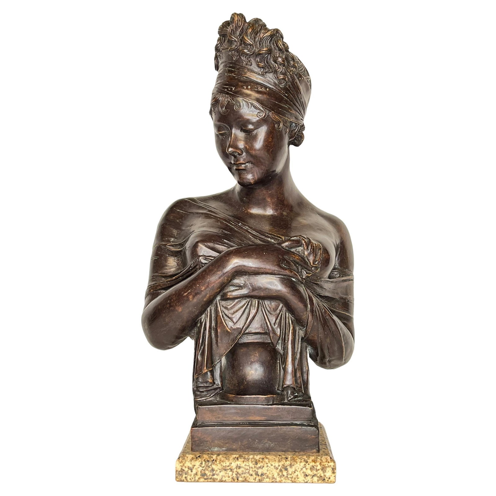 Neoclassical Bronze Bust of Madame Juliette Recamier After Chinard: Neoclassical Bronze Bust of Madame Juliette Recamier After Chinard This is a mid-20th century bronze bust of Madame Juliette Recamier, crafted in the neoclassical style after the original model by Jos