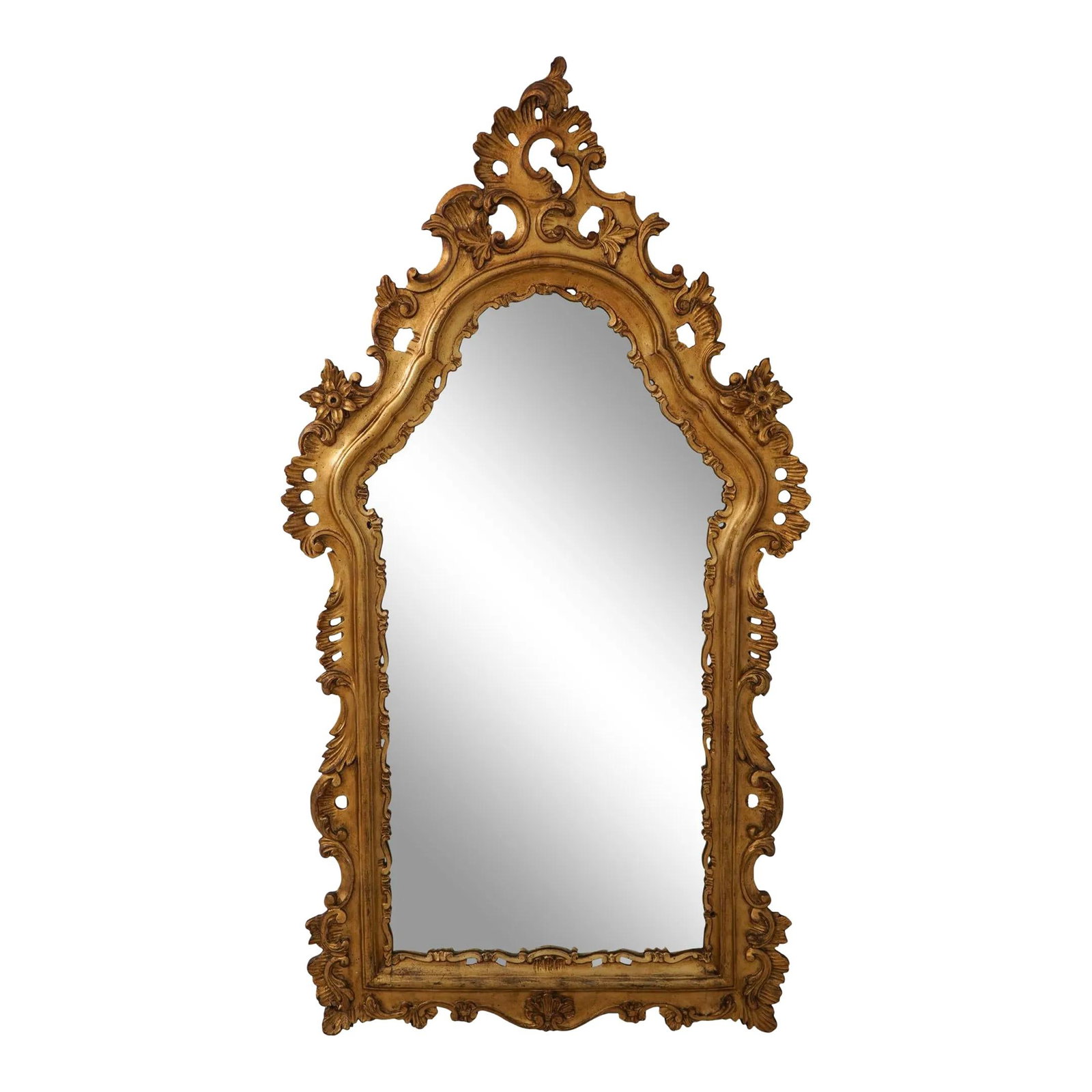 Italian Gold Ornate Rococo Mirror with Carved Wood Frame 31.5w x 59h: Italian Gold Ornate Rococo Mirror with Carved Wood Frame 31.5w x 59h This ornate mirror features a finely carved, all-wood frame in the Rococo style, finished in gold. Italian made and approximately 5